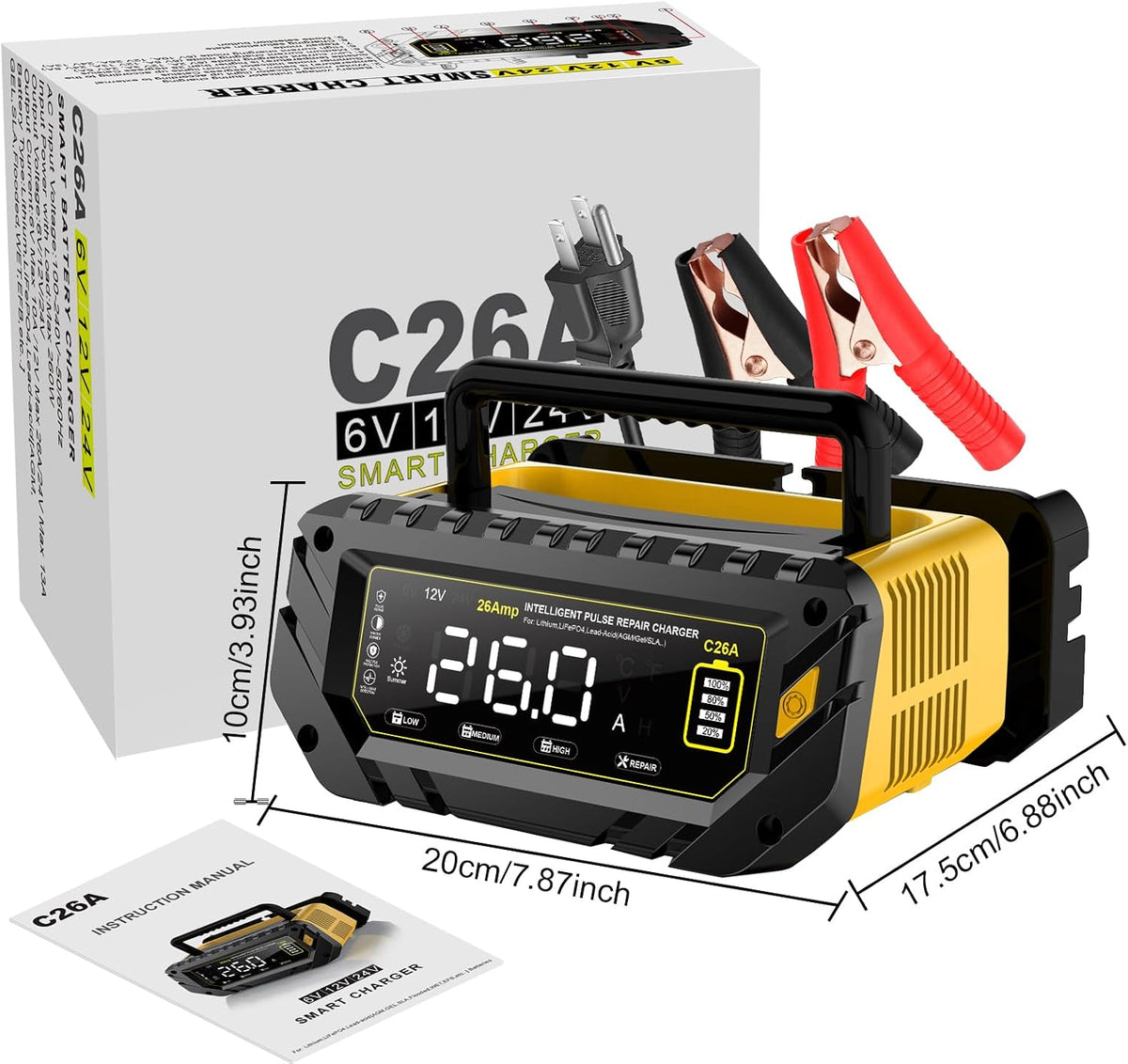26a 6v/12v/24v smart battery charger – automatic maintainer shown in use