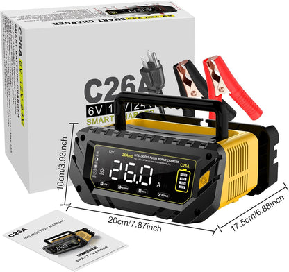 26a 6v/12v/24v smart battery charger – automatic maintainer shown in use