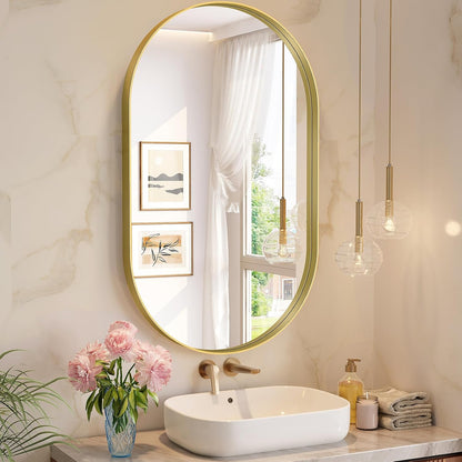 Brightify Gold Oval Mirror 24x40 Inch, Bathroom Vanity Mirrors Gold Metal Framed, Modern Decorative Mirror for Wall Bedroom Living Room Hang Vertical and Horizontal