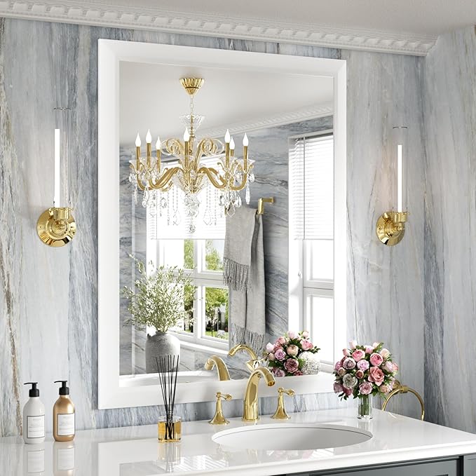 Amorho Bathroom Mirror, 28x36 Inch White Thick Metal Framed Wall Mirrors by Amorho