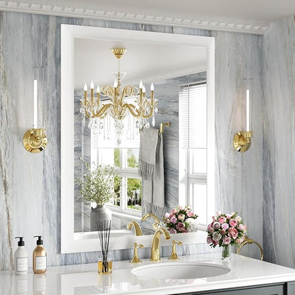 Amorho Bathroom Mirror, 28x36 Inch White Thick Metal Framed Wall Mirrors by Amorho