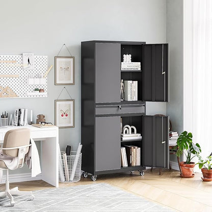 MIIIKO Storage Cabinet with Wheels, Metal Garage Cabinet with Drawer and Doors - Image 5