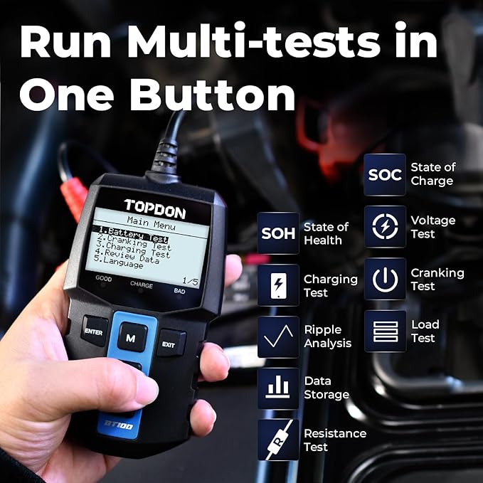TOPDON BT100 Car Battery Tester 12V Load Tester, 100-2000 CCA Automotive - Image 2