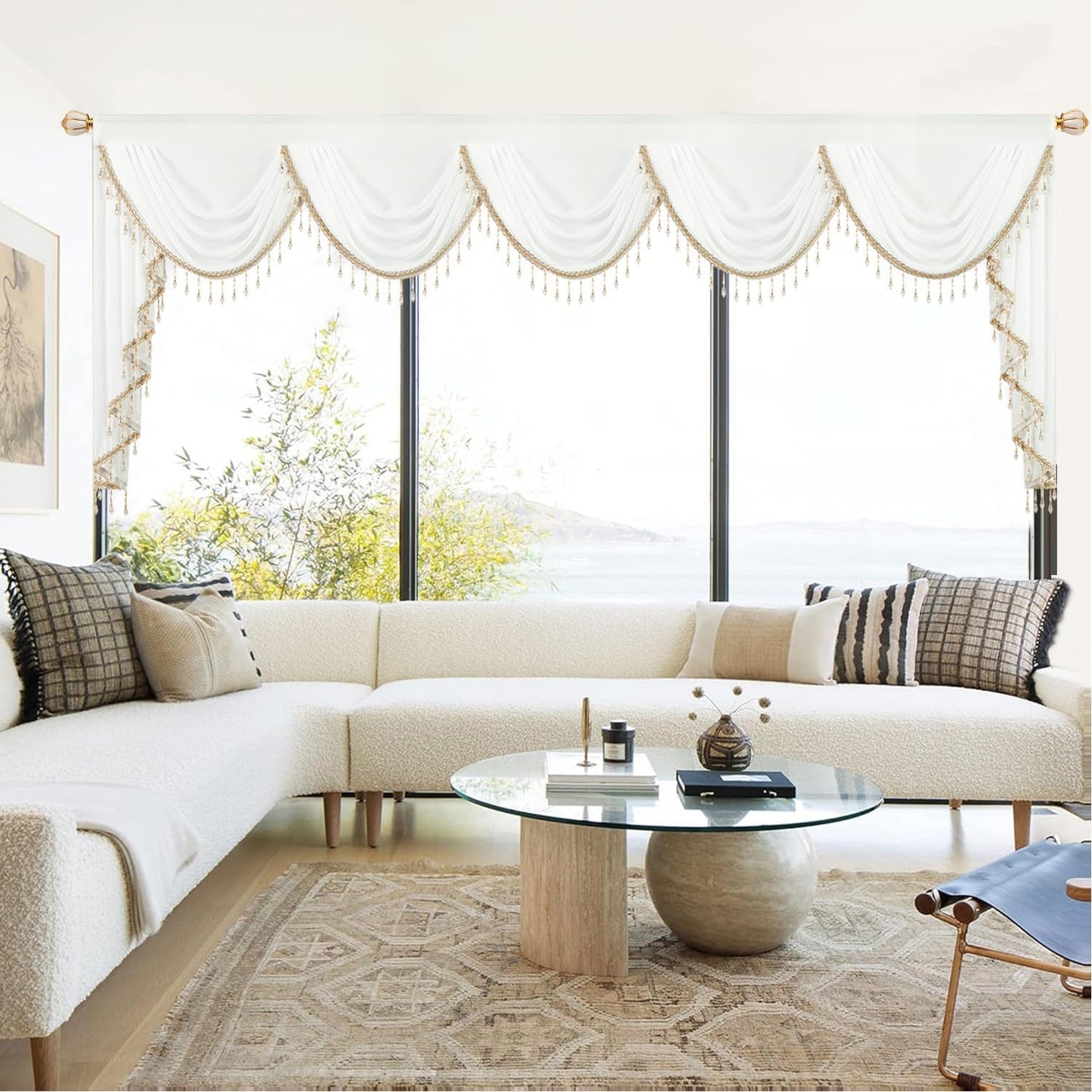 White Sheer Voile Waterfall Valance, Vintage Swag with Beaded Tassels, Extra Wide 138-Inch Window Curtain for French Doors, Bay Windows & Wedding Decor, 43" Drop