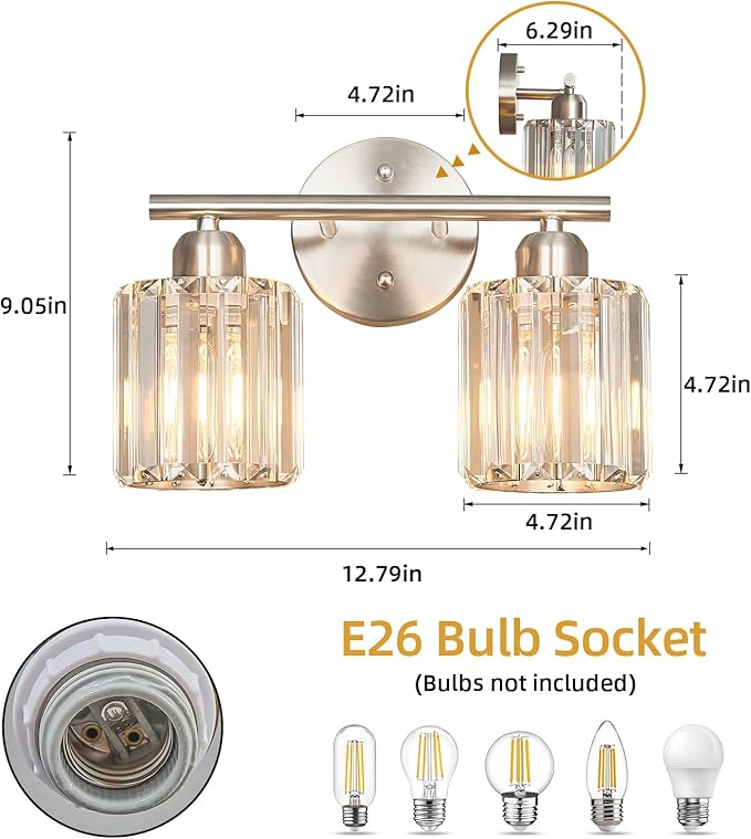 FDPBY Modern 2 Light Crystal Vanity Light, Brushed Nickel Vertical Bathroom - Image 3