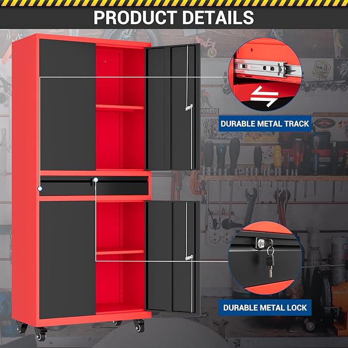 73" Metal Cabinet-Black & Red Heavy Duty Rolling Storage Cabinet Steel Tool - Image 7