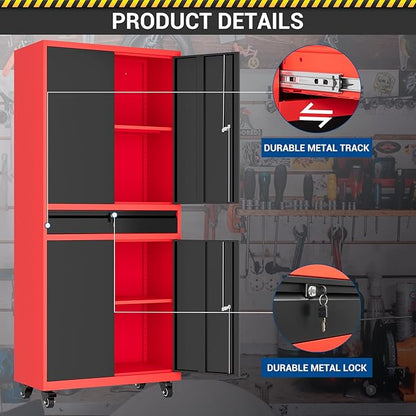 73" Metal Cabinet-Black & Red Heavy Duty Rolling Storage Cabinet Steel Tool - Image 7