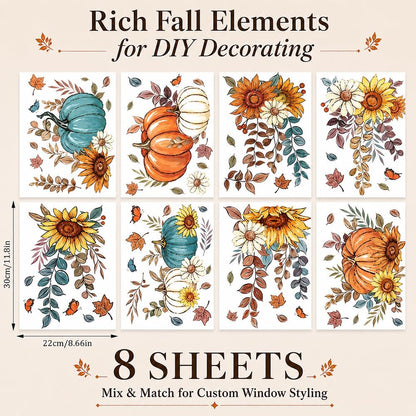 8 Sheets Fall Window Clings Sunflower Pumpkin Sticker Autumn Glass Decor | Butterfly Hanging Vine Leaves Window Decals Static Reusable for Thanksgiving Harvest Party Decoration Home Office Decorations