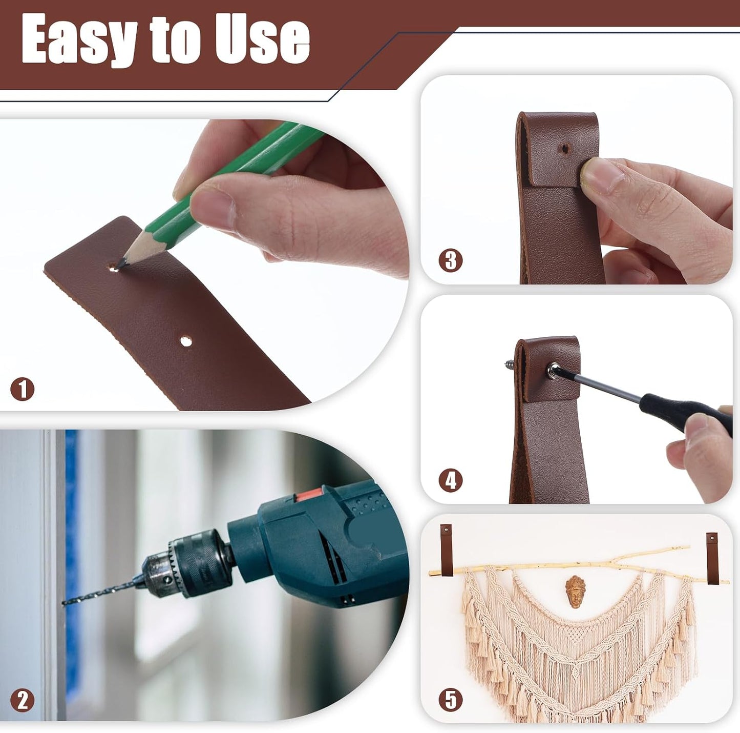 10pcs PU Leather Straps for Hanging Wall Hooks 1 x 4.7 Inches Curtain Rod Holder Leather Wall Hanging Strap with Screws Leathers Hook Lanyard for Bathroom Kitchen Walls Mounted Loop Towel Hook (Brown)