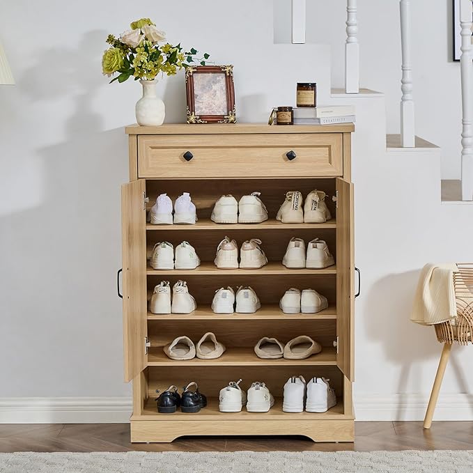 SOOWERY Shoe Cabinet with Drawer, Farmhouse Shoe Storage Cabinet with Doors - Image 5
