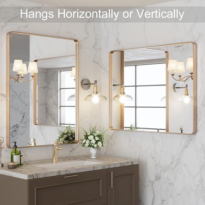 LOAAO 28”X36” Gold Bathroom Mirror, Rounded Rectangle Gold Frame Mirror - Image 4