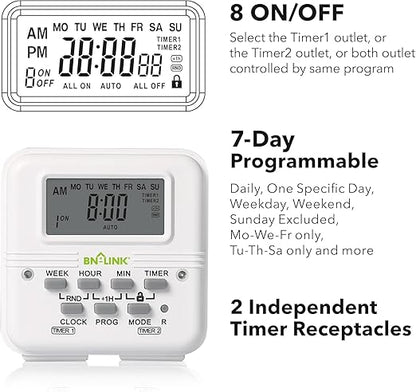 BN-LINK Indoor Digital Light Timer, 7 Day Programmable Plug - Image 3