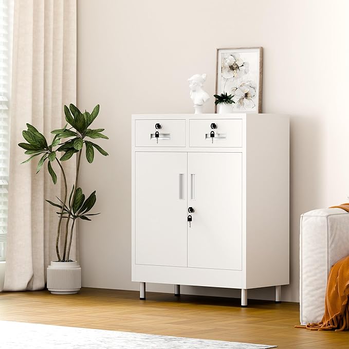 Metal Storage Cabinet with Locking Doors and 2 Drawers, Lockable Storage - Image 2