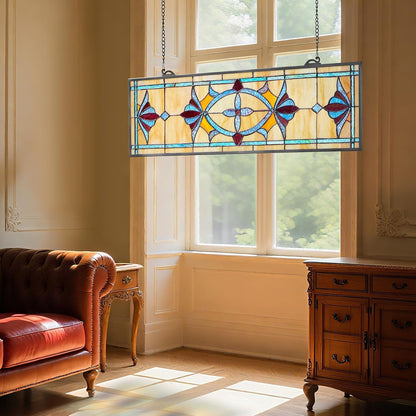 VEVOR Stained Glass Window Panel, 32 x 10 in, Tiffany Style Hanging Transom Window Panel with Chain, Large Horizontal Rectangle Stain Glass, Vintage Traditional Art Handcrafts for Kitchen Home Decor