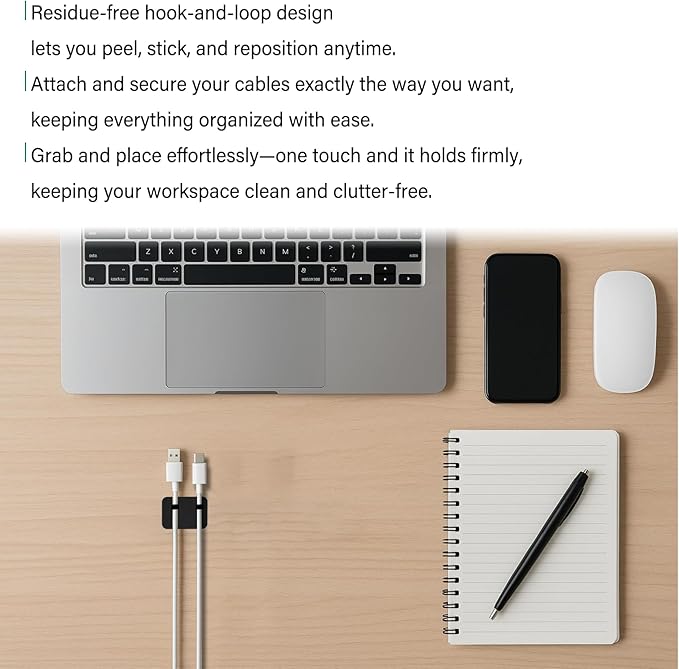 Under Desk Cable Management, Adjustable Hook and Loop Cord Ties, Reusable Wire - Image 4