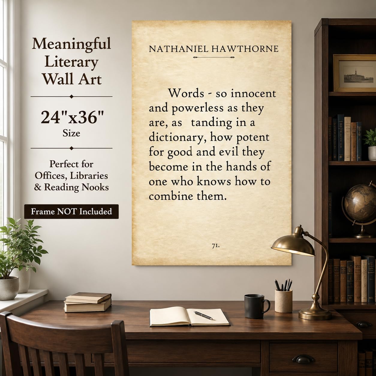 Nathaniel Hawthorne Words Quote Wall Art 24x36 Unframed Poster Words So Innocent and Powerless How Potent for Good and Evil Literary Print for Writers Authors Teachers Library Office Décor