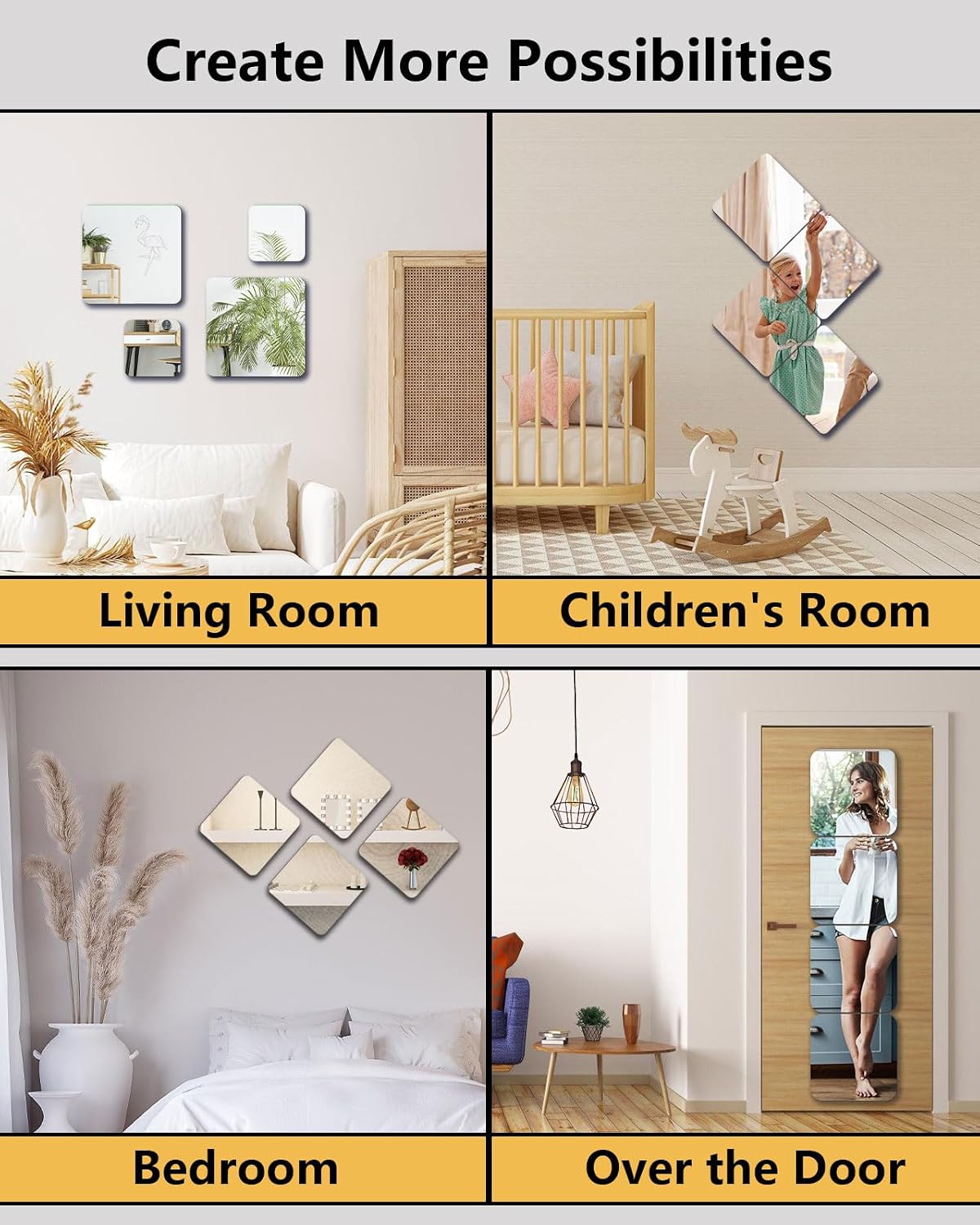 Unbreakable Mirror Tiles, 4PCS 8”x8” Peel And Stick on Mirror for Wall Mirrors Decorative, Toddlers for Kids Bedroom, Plastic Gym Frameless Door Small Adhesive Mirrors for Classroom Decor Stickers