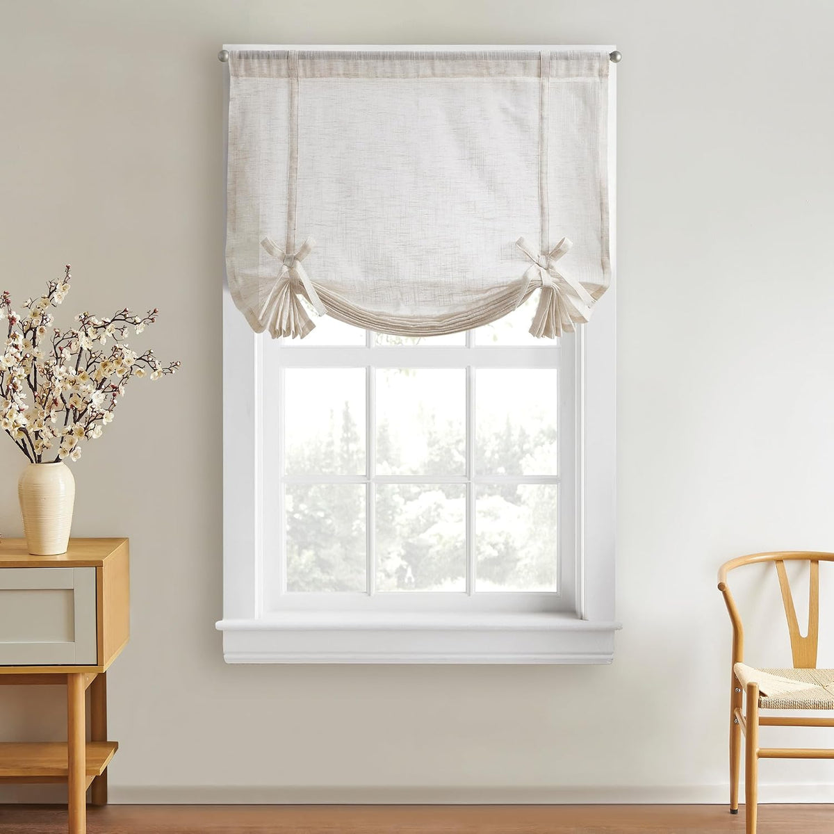 DKNY Balloon Shade Tie Up Curtain - Linen Beige 42" x 63" Light-Filtering Rod Pocket Window Panel with Fabric Tie Bows - 1 Piece | Tie Up, Light-Filtering Rod Pocket, Fabric Tie Bows