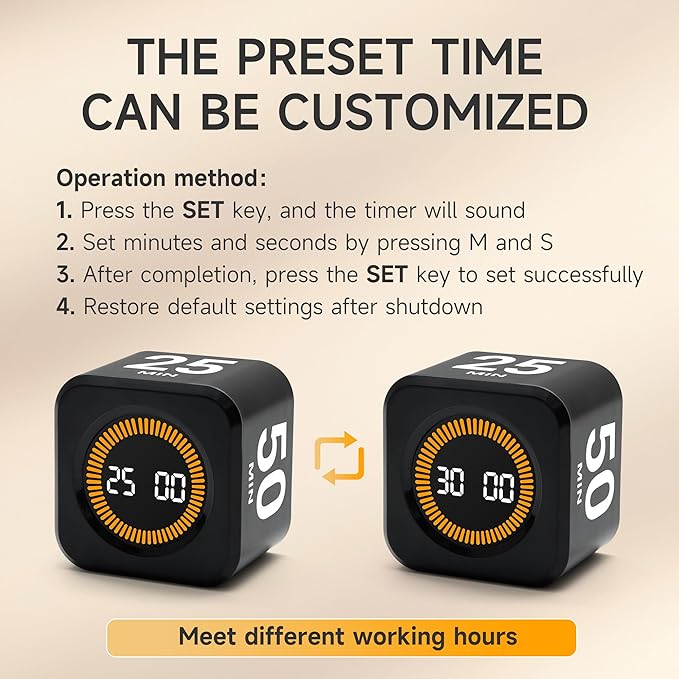 Rotating Productivity Timer 5, 50 Minutes Preset, Desk Cube w/Gravity Sensor - Image 5