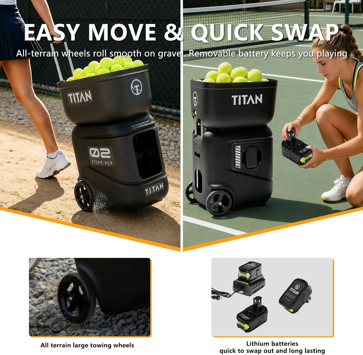 titan ace tennis ball machine for coaches & showing dimensions