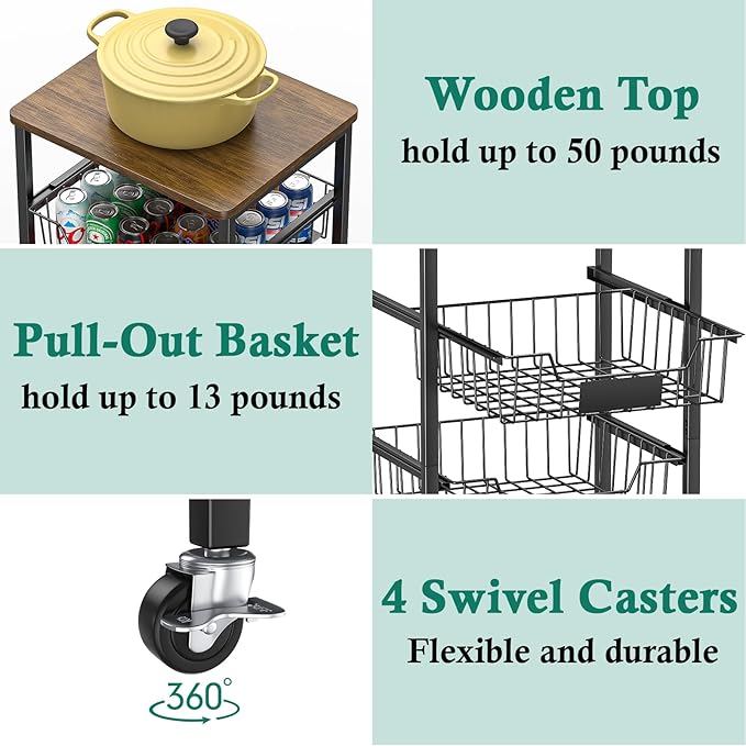 Kitchen Storage Cart with Wheels, 4-Tier Metal Utility Rolling Cart Fruit - Image 5
