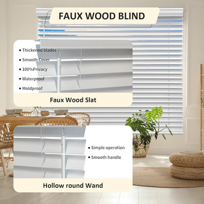 Cordless Faux Wood Blinds 26" W x 36" H, 2 Inch Slat Horizontal Windows Blinds with Crown Valance, Room Darkening, White Blinds for Home Interiors.