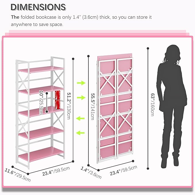 4NM 5 Tiers No Assembly Book Shelves, 51.2" H Folding Bookshelf Bookcase Open - Image 2