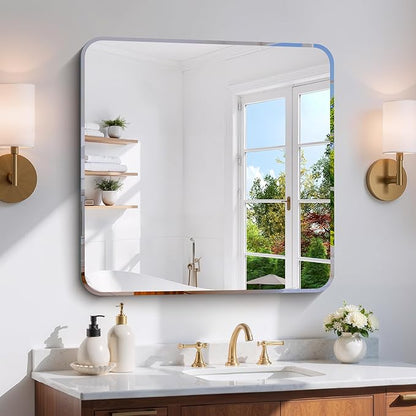 CILIBER Beveled Mirror 30"x30", Square Frameless Bathroom Mirror Rounded Corner by CILIBER
