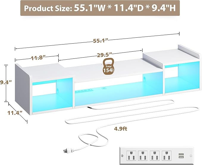 55.1"W Floating TV Stand with LED Lights & Power Outlets - Image 9