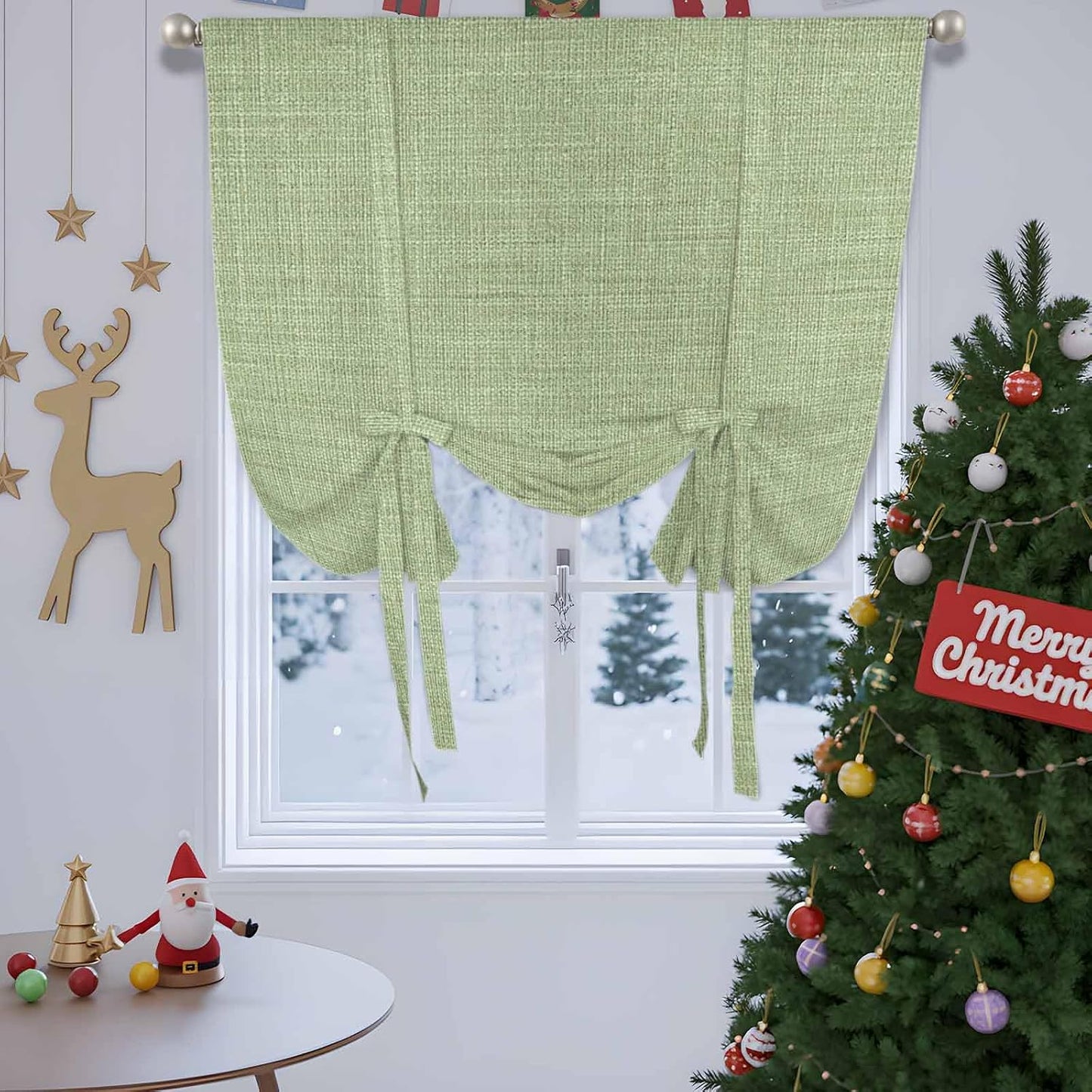 Vintage Sage Green Tie Up Curtains for Windows 54 Inch Length Balloon Curtains Kitchen Adjustable Balloon Window Shade Farmhouse Retro Beige Solid Color Tie Up Valance Bathroom Curtain Window 42"x54"