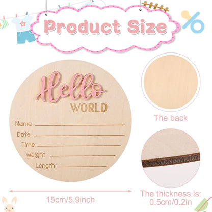Baby Announcement Sign, Wooden Hello World Newborn Signs Birth Name Sign | 5.9in Welcome Name Plaques for Newborn Boys and Girls Photo Props Baby Shower Hospital Nursery (Light Pink)