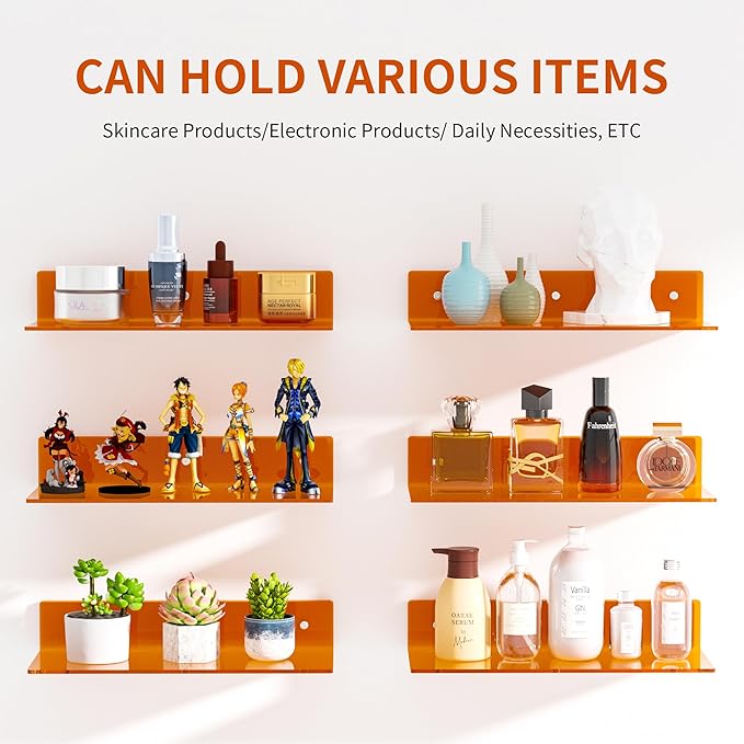 15 Inches Orange Acrylic Wall Shelves 2 Pack, L Shape Floating Shelf, Perspex - Image 4