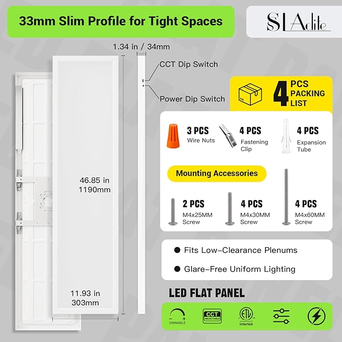 1x4 Led Flat Panel Light, 24W/30W/40W, 5200LM Smooth Triac Dimming 5CCT - Image 6