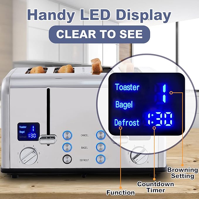 CUSIMAX 4 Slice Toaster, Ultra-Clear LED Display & Extra Wide Slots, Dual - Image 4