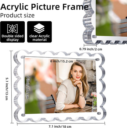 Chivalral 3 Pack 4x6 Acrylic Picture Frame, Double-Sided Tabletop Display | Scalloped Edge Design,10+10mmThick,Magnetic Photo Frames,Horizontal/Vertical,Gift for Birthday Wedding Anniversary,Home decor