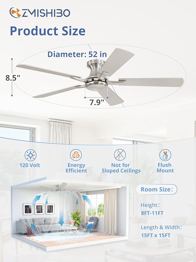 ZMISHIBO 52 Inch Ceiling Fan No Light, Flush Mount Low Profile, Modern Nickel - Image 4