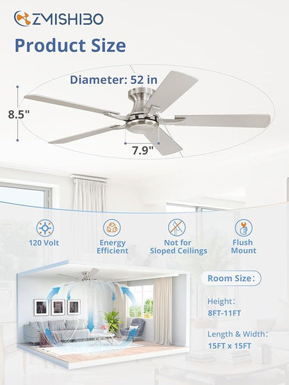 ZMISHIBO 52 Inch Ceiling Fan No Light, Flush Mount Low Profile, Modern Nickel - Image 4