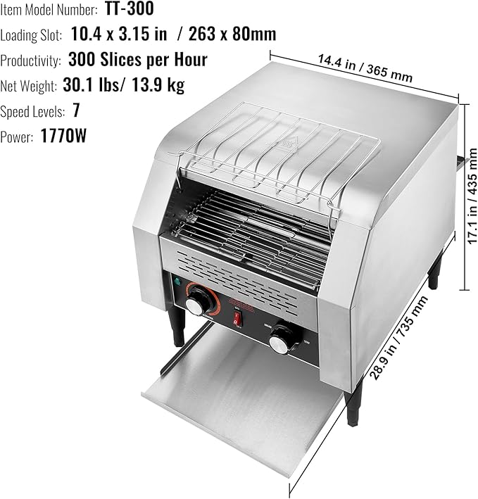 VEVOR Commercial Conveyor Toaster, 300 Slices/Hour, Heavy Duty Stainless Steel - Image 7