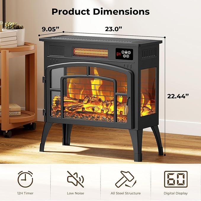 BREEZEHEAT Electric Fireplace Stove-Freestanding Fireplace Heater w/ 3D Flame - Image 7