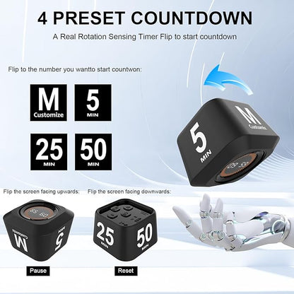 Rotating Cube Pomodoro Timer 5, 50 Min Preset + Custom Countdown, Desk - Image 2
