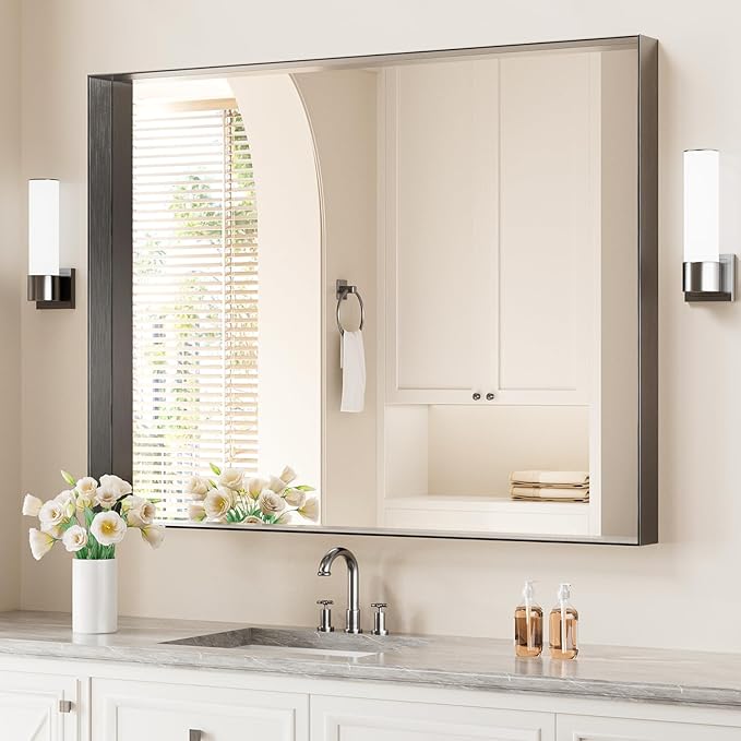 Koonmi 30x40 Inch Black Metal Framed Bathroom Mirror by KOONMI