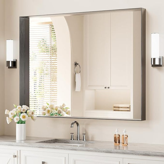 Koonmi 30x40 Inch Black Metal Framed Bathroom Mirror by KOONMI