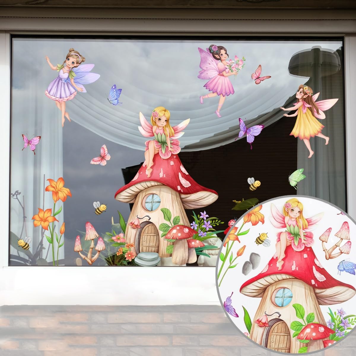 WandSticker4U - Window Stickers Self-Adhesive Fairy & Mushroom House (80 x 43 cm) I Window Sticker Children Girls Fairy Elves Flowers I Window Decoration Children's Room Girls Princess Reusable