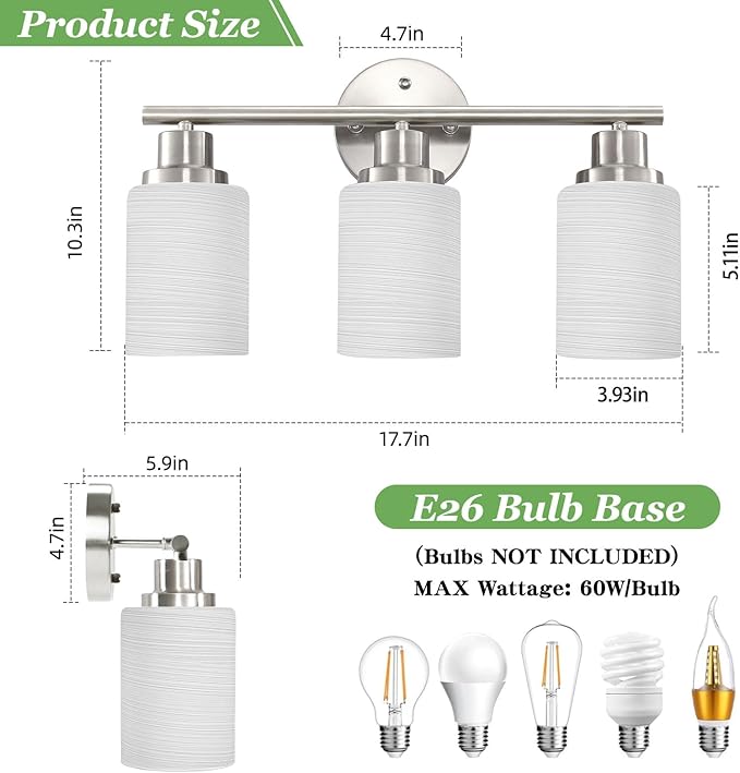 Guliaofo 3-Light Bathroom Light Fixtures, Vanity Lights - Image 2