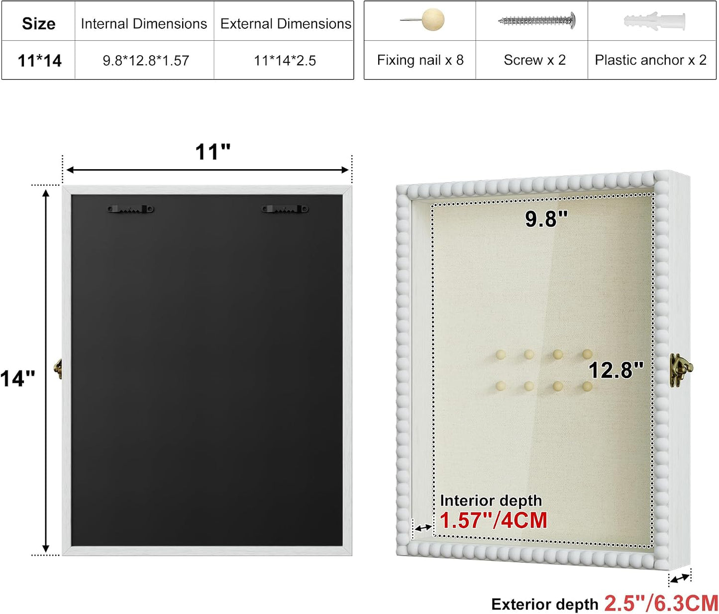 Love-KANKEI Deep Shadow Box Frame 11x14,Unique Solid Wood Beads Frame,White | Front-Opening Glass Door，Metal Latch-Lock,Assembly-Free,Tabletop & Wall-Mount,Memory Box,Gift,Display Photos,Awards,Medals