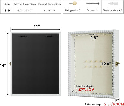Love-KANKEI Deep Shadow Box Frame 11x14,Unique Solid Wood Beads Frame,White | Front-Opening Glass Door，Metal Latch-Lock,Assembly-Free,Tabletop & Wall-Mount,Memory Box,Gift,Display Photos,Awards,Medals