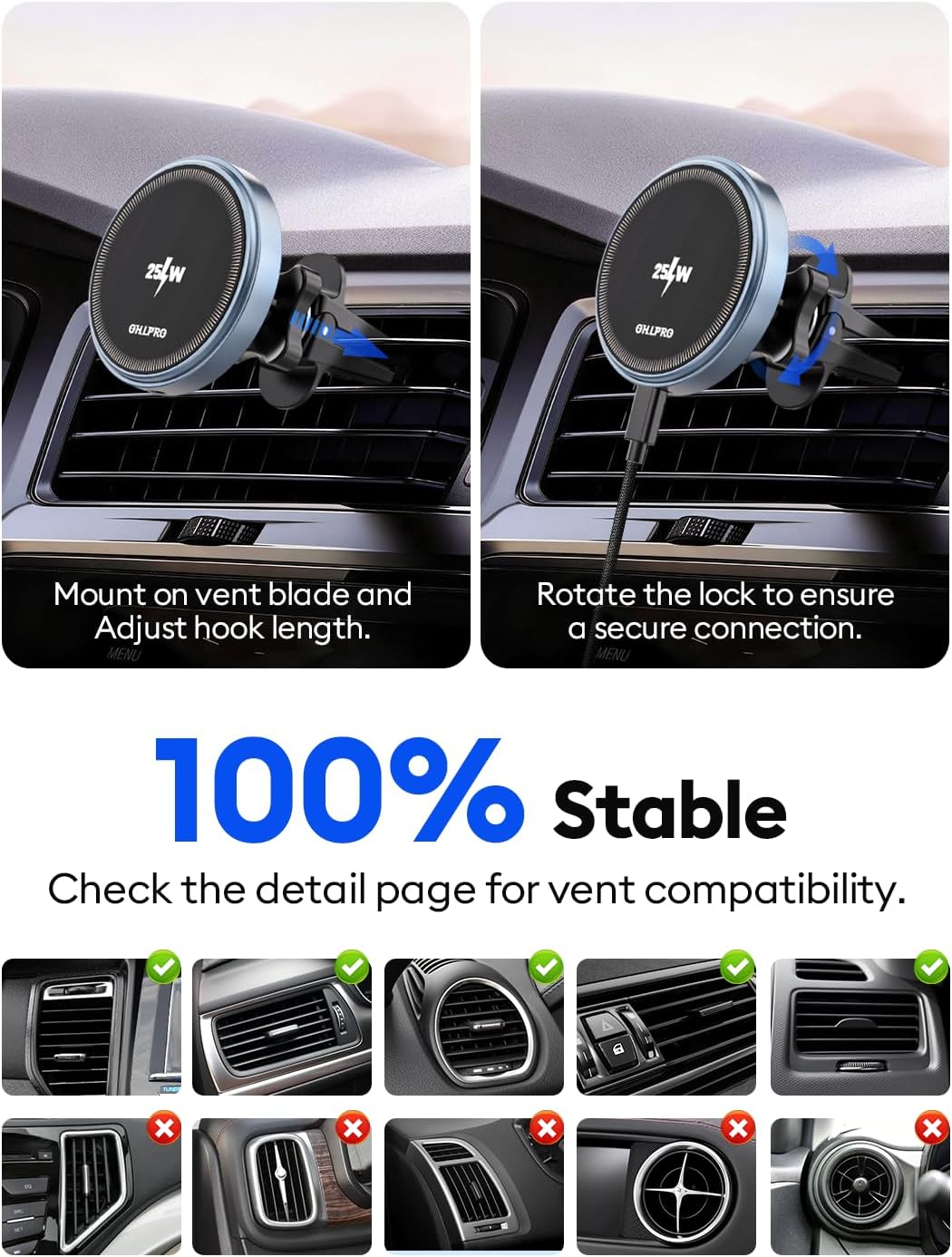 OHLPRO 25W MagSafe Car Mount Charger, Magnetic Wireless Car Charging Holder