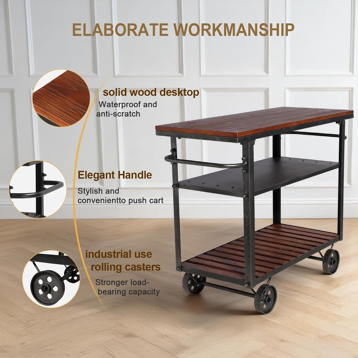 Vintage Rolling Bar Cart on Wheels Industrial Mobile Serving Cart Metal and W...