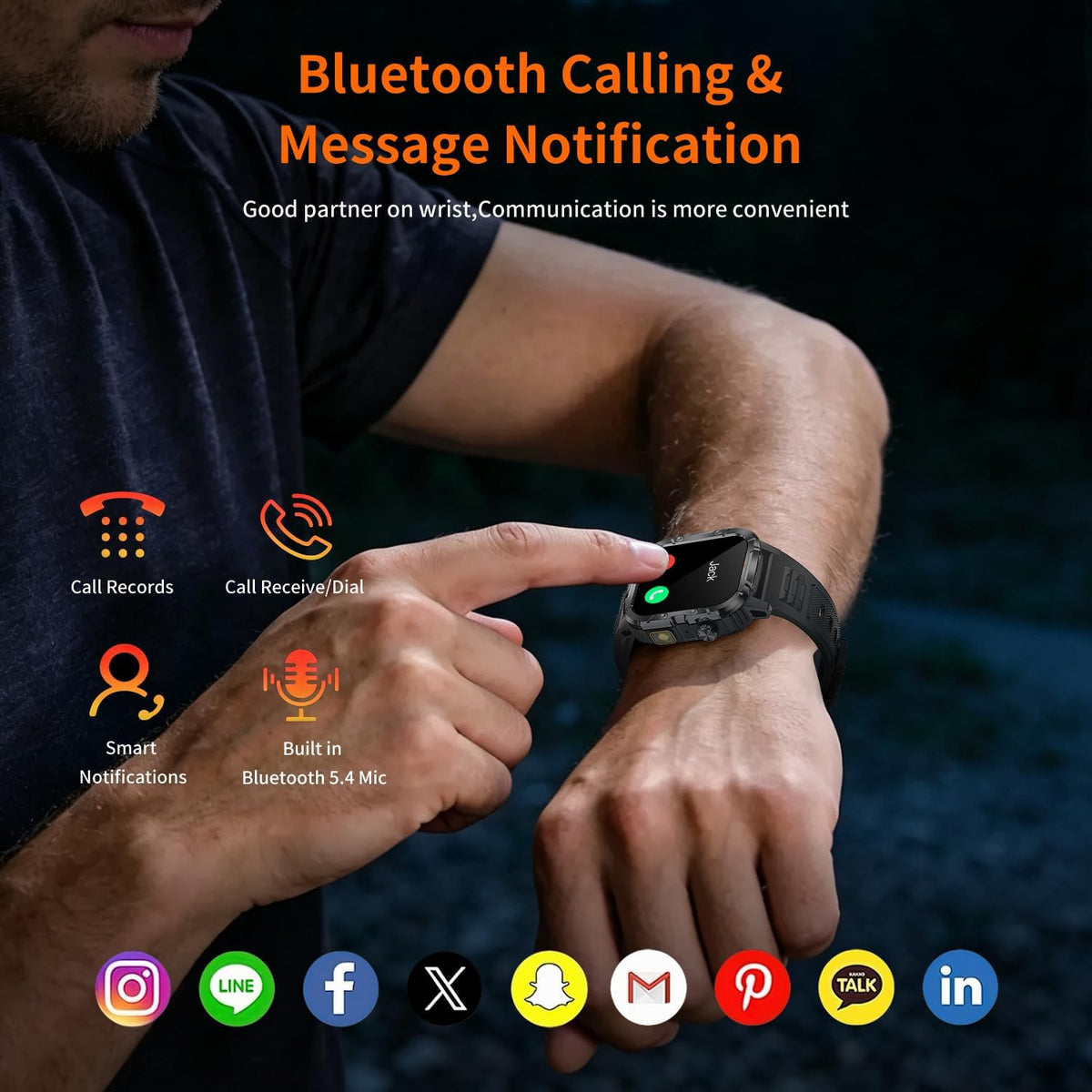 military smart watch for men, 30+ day battery shown in use