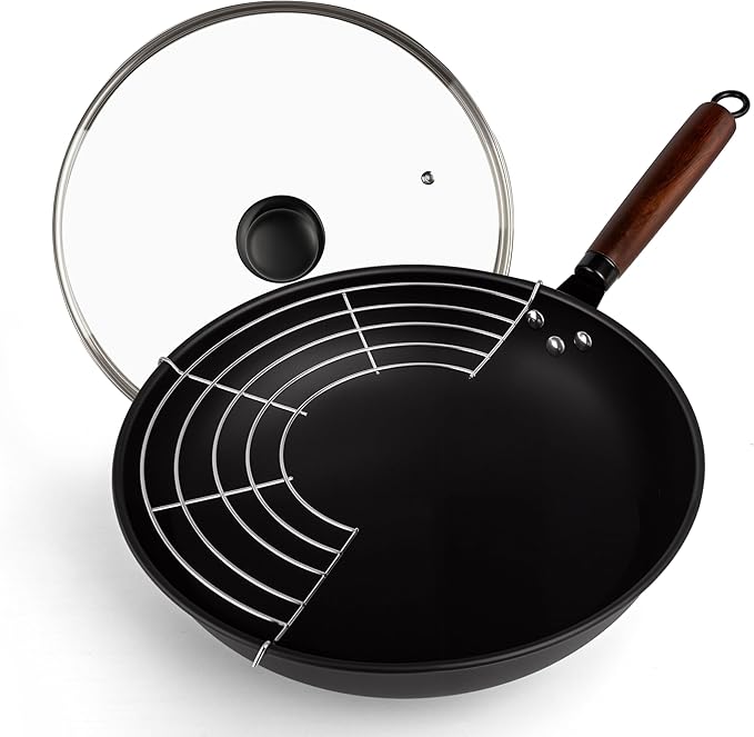 Carbon Steel Wok Pan, Nitrided Pre-Seasoned Round Bottom Woks & Stir-Fry Pans by Abangdun